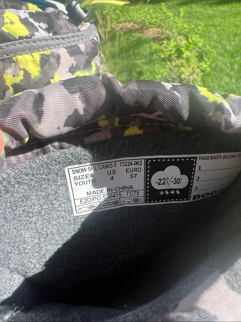 Bogs Kids Gray Winter Boot with Yellow Camo Upper